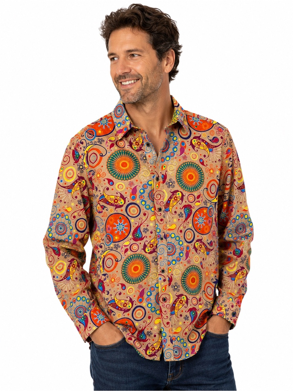 Luc Matton Men’s M Cotton Linen Shirt Colorful Paisley Psychedelic Boho Costume